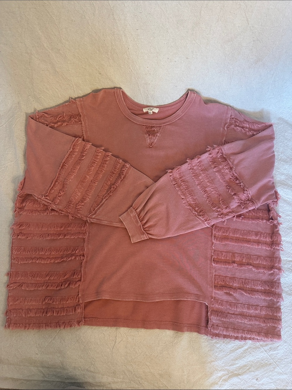 Easel Dusty Rose Distressed Fringe Oversized Sweatshirt Boho Small